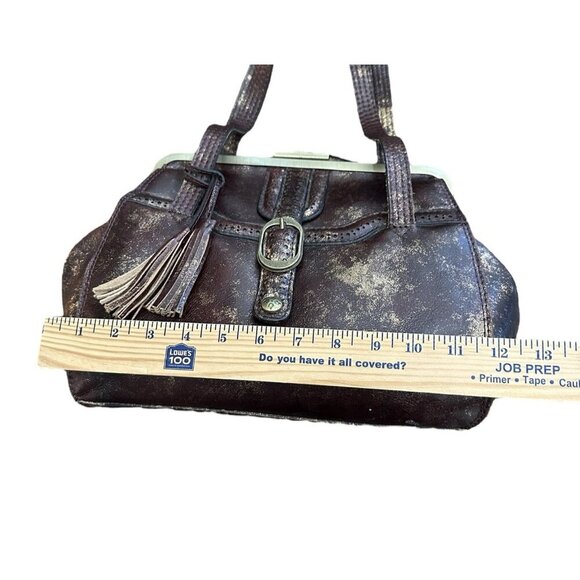 Patricia Nash Distressed Brown Leather Satchel Gold Metallic Frame Shoulder Bag - Picture 8 of 9